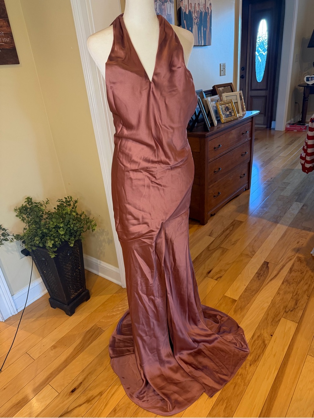 Revelry Athena Satin Halter Cutout Mermaid Gown Copper 4